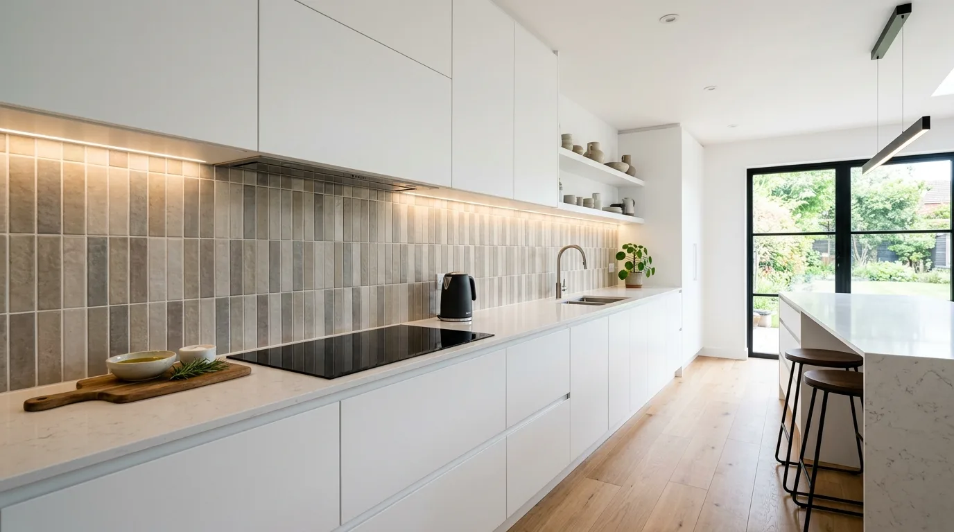 Choose a glossy finish when the room needs light inspiration for a white kitchen with a backsplash feature.